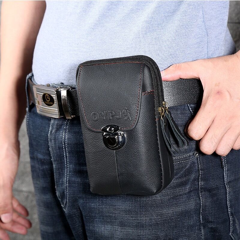New multi-functional leather lock three-layer waist bag cowhide mobile phone waist bag men wear belt vertical mobile phone bag wholesale