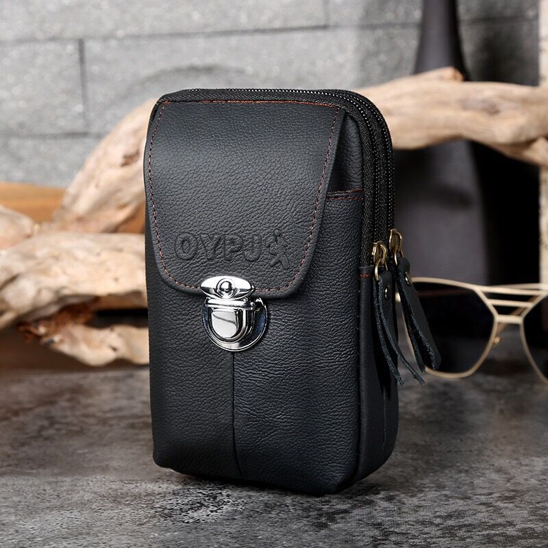 New multi-functional leather lock three-layer waist bag cowhide mobile phone waist bag men wear belt vertical mobile phone bag wholesale