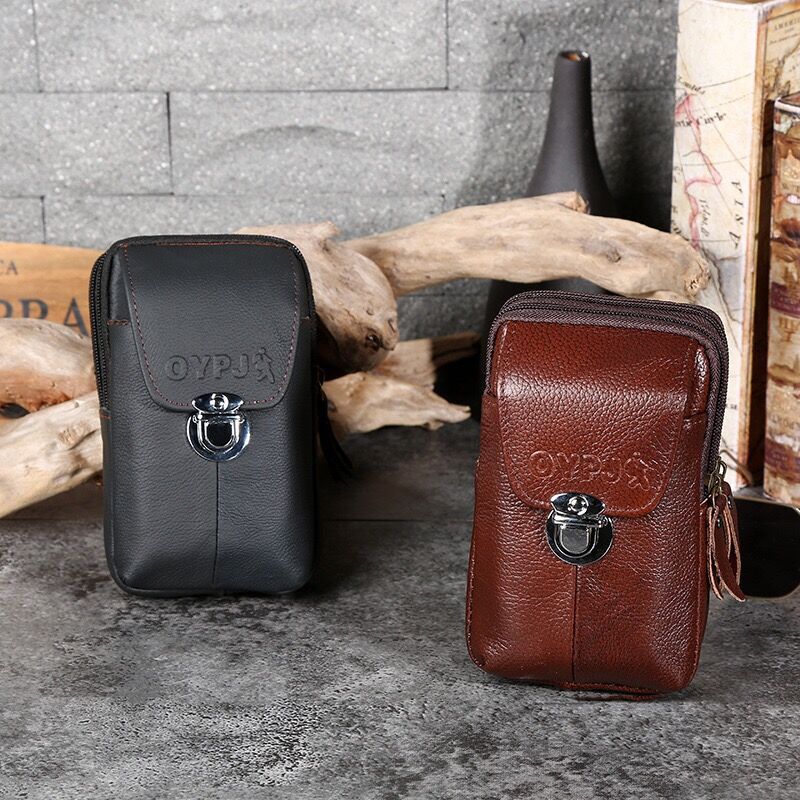 New multi-functional leather lock three-layer waist bag cowhide mobile phone waist bag men wear belt vertical mobile phone bag wholesale