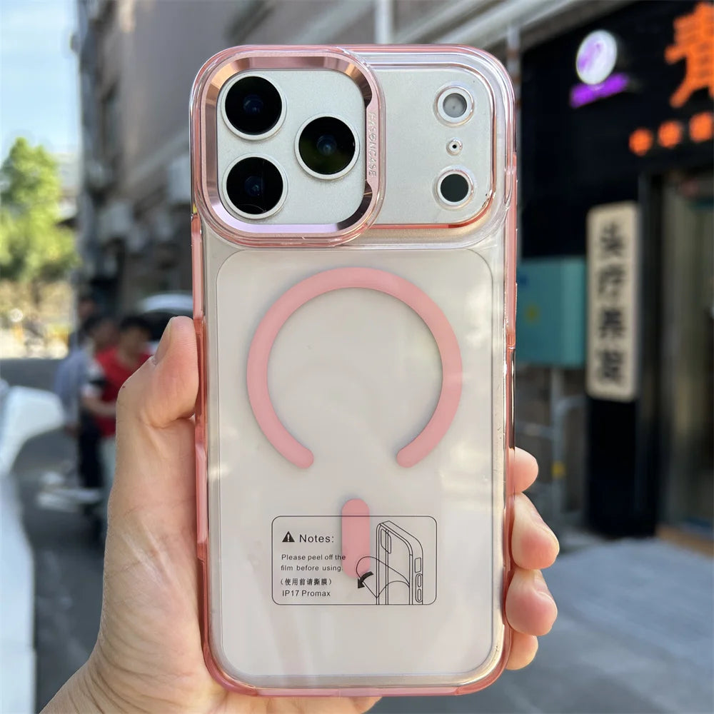 For iphone 17 Pro Max High Quality clear Magnetic case Metal Camera,for iphone 17 Pro Max case Transparent pink