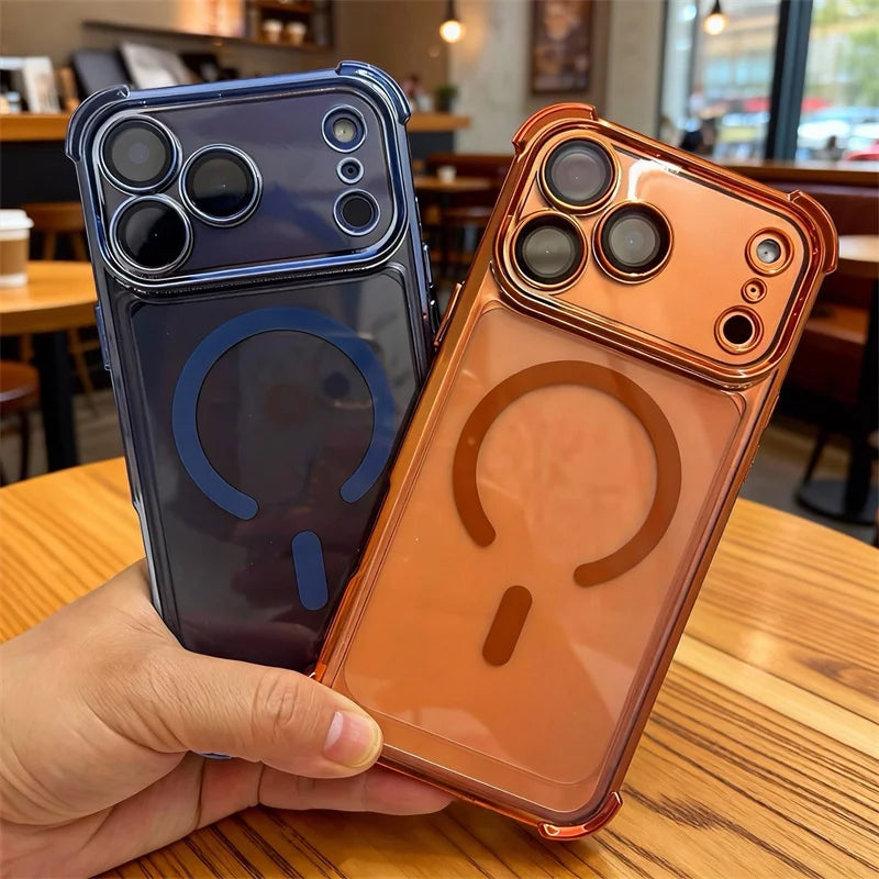 Luxury Plating Transparent Shockproof Defend Magnetic Phone case for iphone 17 16 15 14 13 12 Pro Max case airbag Strong Magnet