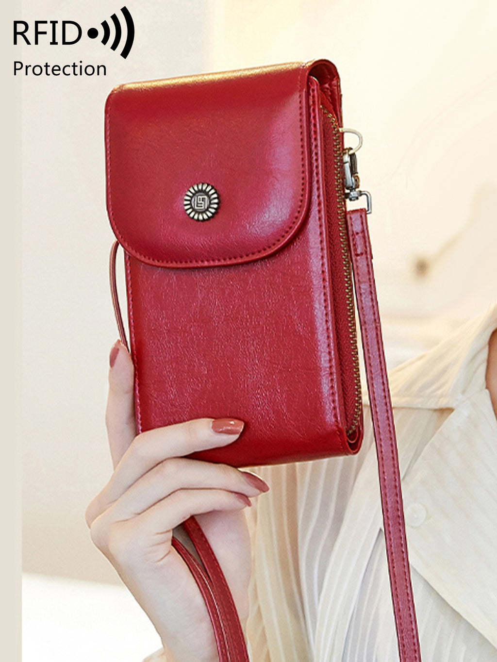 New RFID Women's Mobile Phone Bag Retro Oil Wax Leather Vertical Crossbody Mobile Phone Bag All-match Mini Shoulder Bag