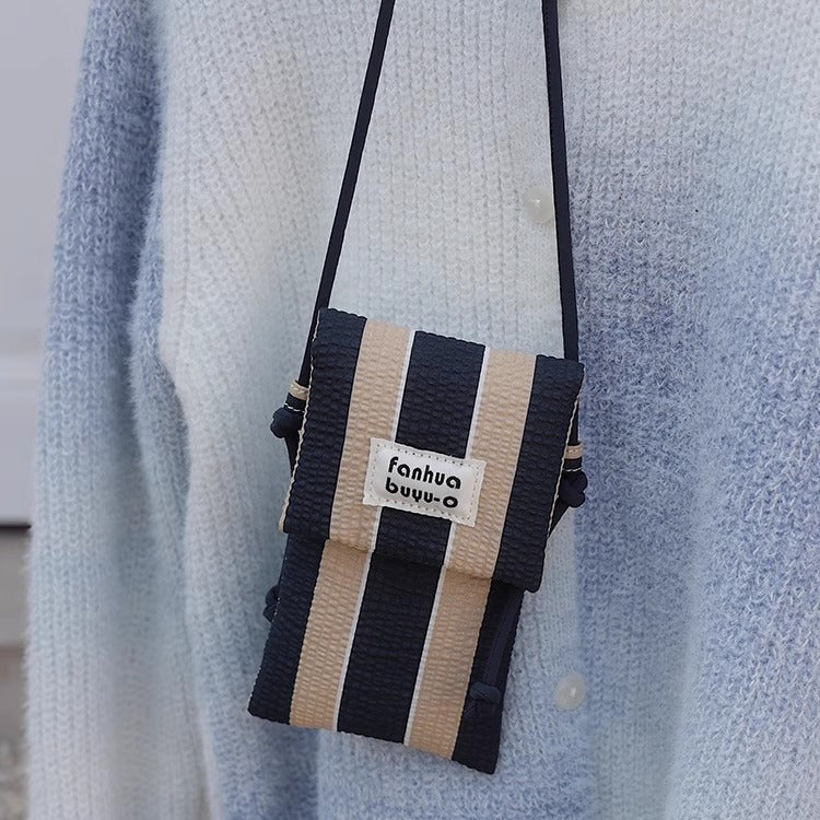 2025 New Cute Textured Striped Vertical Crossbody Bag Lightweight Women's Mobile Phone Bag Original Korean Style Small Mobile Phone Bag