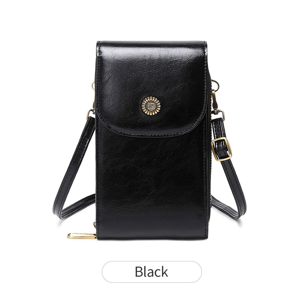 New RFID Women's Mobile Phone Bag Retro Oil Wax Leather Vertical Crossbody Mobile Phone Bag All-match Mini Shoulder Bag