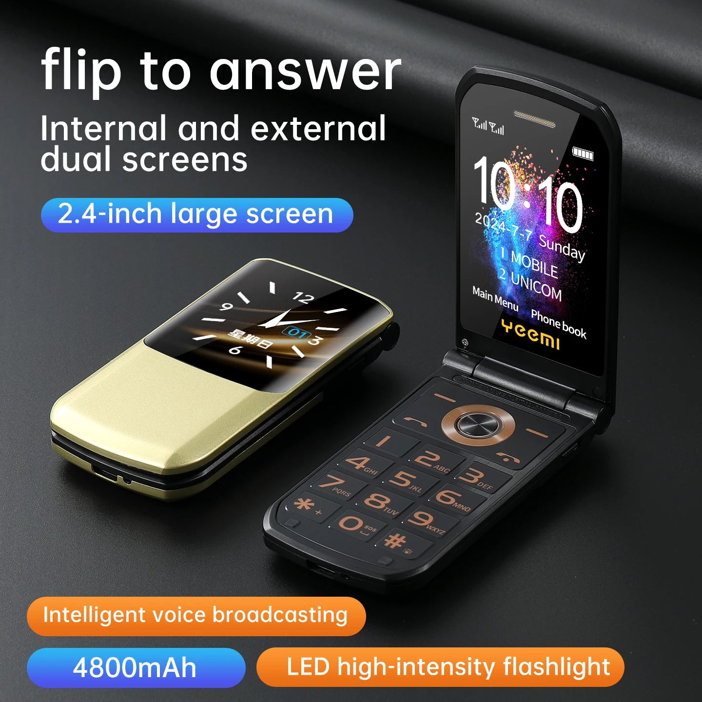 YeeMI S7A GSM 2G Mobile Phones 2.4'' Flip Feature Phone Dual SIM Bluetooth Large Font for Elderly Phone
